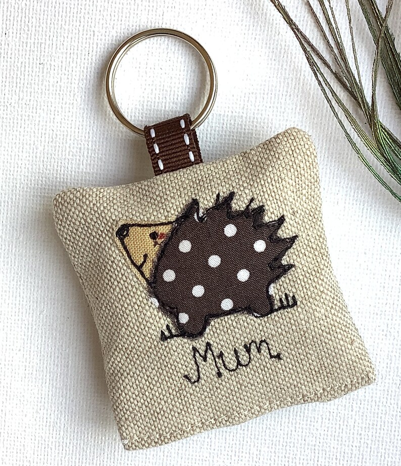 Hedgehog applique motif on linen keyring with option to have lavender scent and personalise