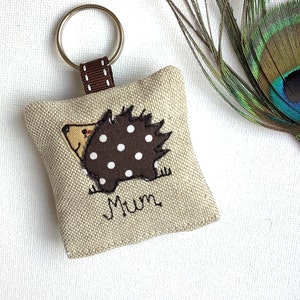 Hedgehog applique motif on linen keyring with option to have lavender scent and personalise