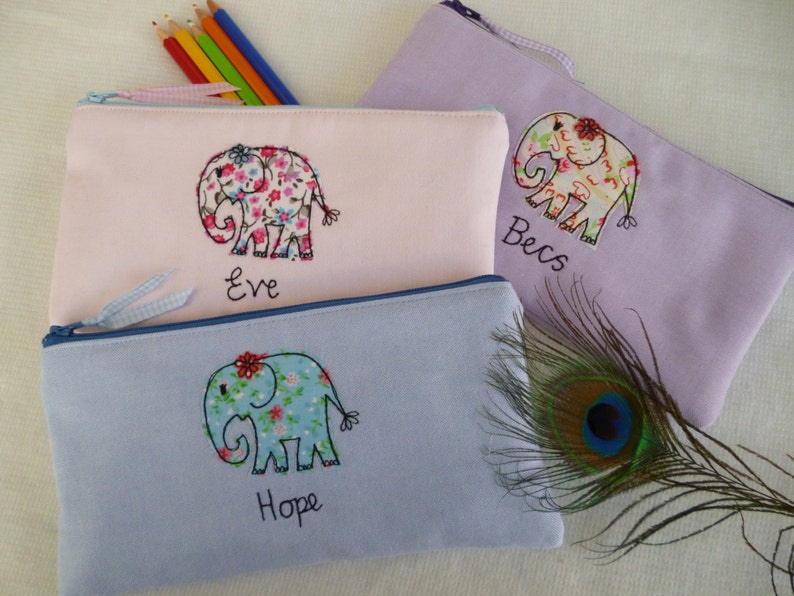 Handmade Personalised Girls Ladies Purse Pouch or Pencil Case Choice of name embroidered /& colour Elephant applique floral lining gift mum