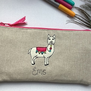 Personalised Alpaca Llama Cosmetic Bag -Oatmeal Linen Makeup Pouch - Choice of Name - Pink Floral Lining - Llama Lover Gift for Her Artist