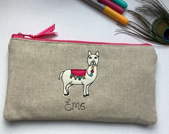 Personalised Alpaca Llama Cosmetic Bag -Oatmeal Linen Makeup Pouch - Choice of Name - Pink Floral Lining - Llama Lover Gift for Her Artist