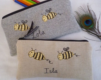 Personalised Bee Pencil Case - Pen or Art Pouch in Oatmeal Linen or Grey Wool with Customisable Text - Gardeners Nanny or Grandma Gift