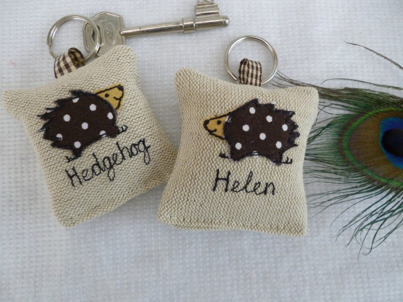 Hedgehog applique motif on linen keyring with option to have lavender scent and personalise