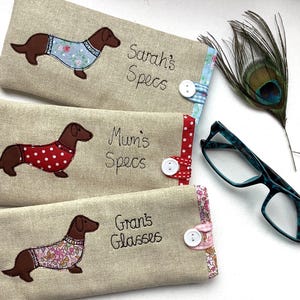 Dachshund Sausage Dog Custom Glasses Spectacles Case  - Oatmeal Linen with Choice of wording & design, Mothers Day Dog Lover Gift Wiener dog