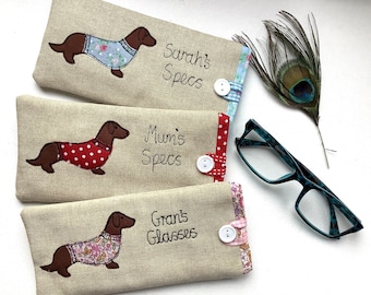 Dachshund Sausage Dog Custom Glasses Spectacles Case  - Oatmeal Linen with Choice of wording & design, Mothers Day Dog Lover Gift Wiener dog