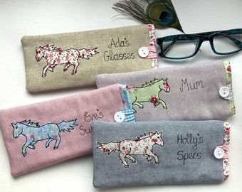 Personalised Horse Glasses Case - Free Motion Embroidery Linen Spectacles or Sunglasses Pouch -Choice of Words - Pretty Floral Gift