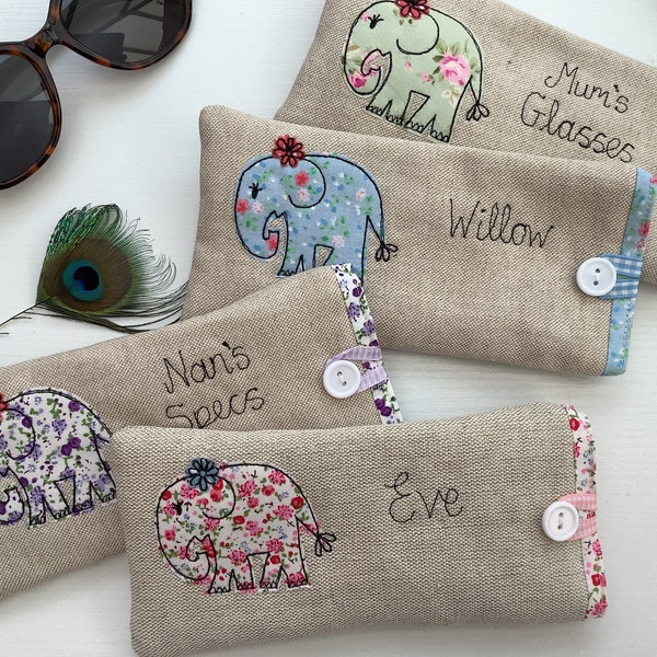 Personalised Elephant Glasses Case - Custom Sunglasses Spectacles Pouch - Linen with a Choice of Wording - Perfect gift for girl or lady