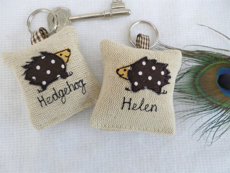 Hedgehog applique motif on linen keyring with option to have lavender scent and personalise