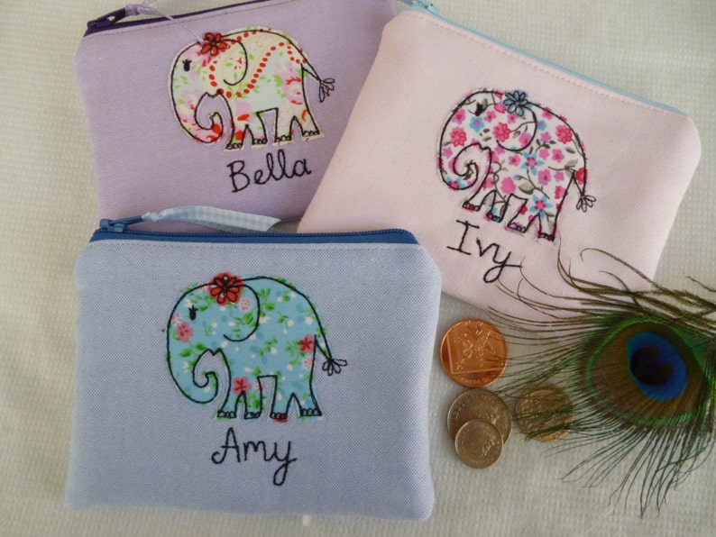 Handmade Personalised Girls Ladies Purse Pouch or Pencil Case Choice of name embroidered /& colour Elephant applique floral lining gift mum