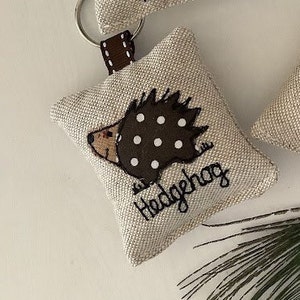 Hedgehog applique motif on linen keyring with option to have lavender scent and personalise