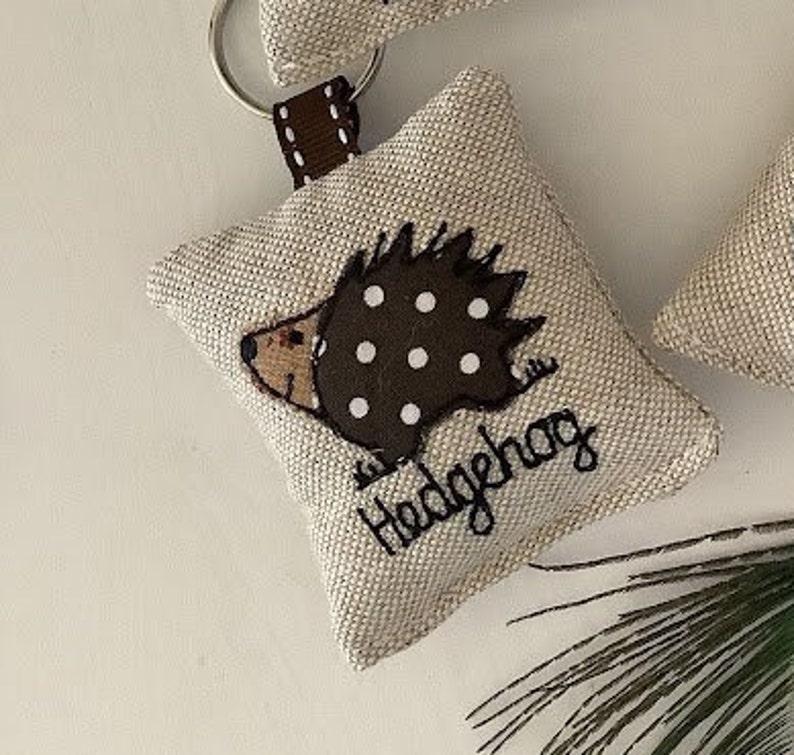 Hedgehog applique motif on linen keyring with option to have lavender scent and personalise