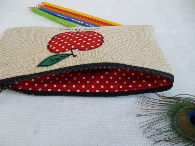 Red Apple on Linen Choice of Wording Personalised Teacher Purse or Pencil Case