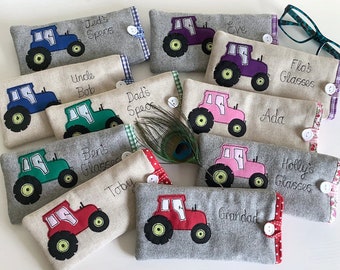 Personalised Tractor Sunglasses Case - Custom Glasses or Specs Pouch with Choice of Colour Name & Design - Unique Gift for Him or Her Farmer