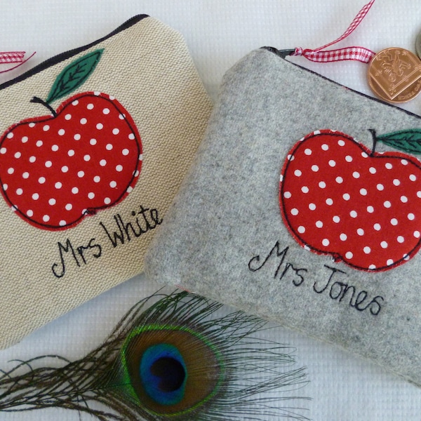 Teacher Gift Coin Purse - Personalised Grey or Linen Wallet with Red Dot Apple - Custom Handmade Thank You Gift for Special Teachers