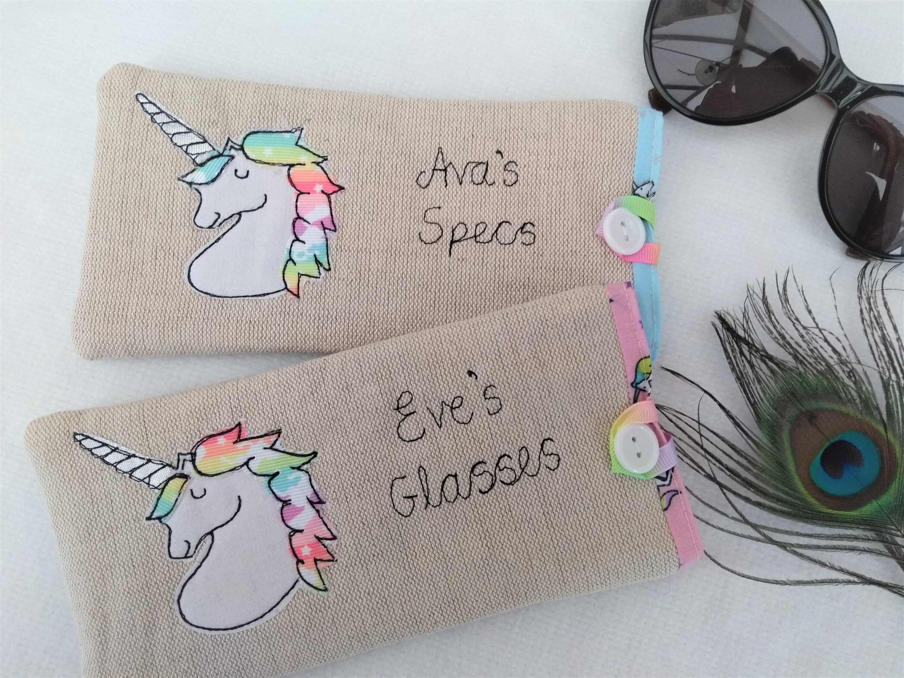 Personalised Unicorn Glasses Case - Custom Linen Sunglasses Spectacles Case - Choice of name or words - Blue or Pink - Perfect Gift for Girl