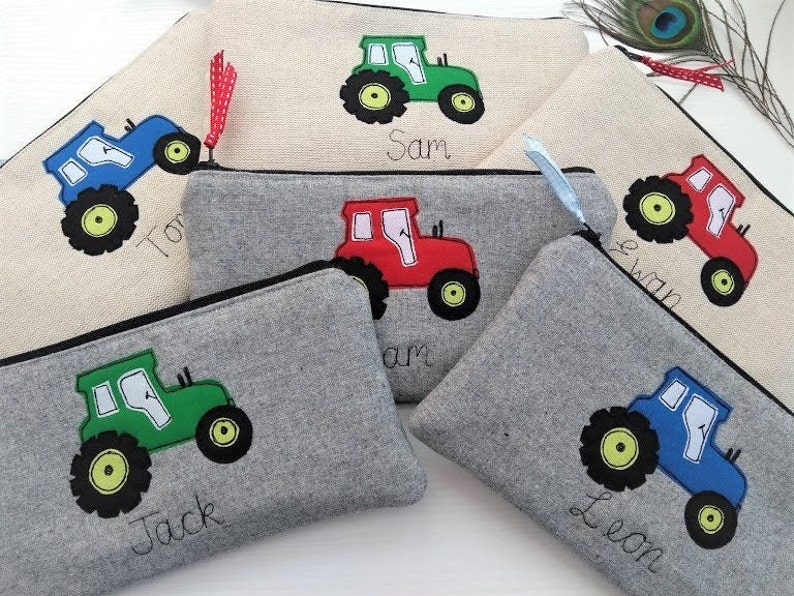 Handmade Personalized Red Tractor Pencil case Grey wool 