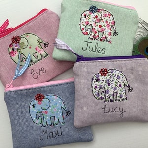Personalised Elephant Coin Purse - Girls Wallet or Pouch with Choice of Fabric and Floral Print Lining - Custom Gift for Her Elephant Lover