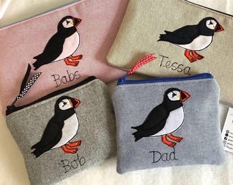 Personalisierte Papageientaucher-Geldbörse oder Mini-Kosmetiktasche, Wunschtext und Farbe wählbar, originelles Vogelgeschenk für sie oder ihn