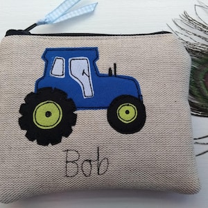 Handmade Personalised Tractor Coin Card Purse Wallet Pouch Grey wool or Oatmeal Linen Choice of name, Red Green or Blue Tractor, Boys Gift. fastened with a zip and ribbon pull