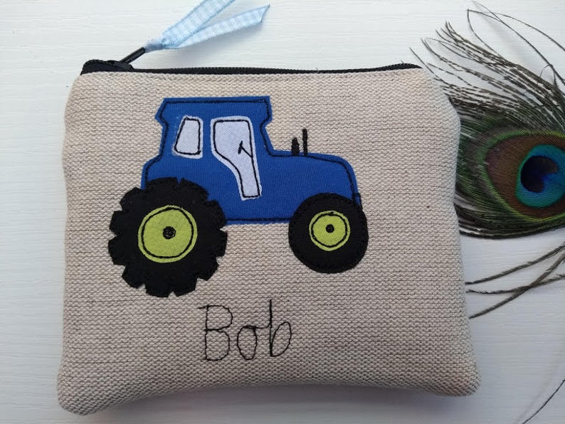 Handmade Personalised Tractor Coin Card Purse Wallet Pouch Grey wool or Oatmeal Linen Choice of name, Red Green or Blue Tractor, Boys Gift. fastened with a zip and ribbon pull