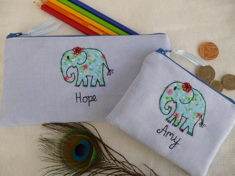 Handmade Personalised Girls Ladies Purse Pouch or Pencil Case Choice of name embroidered /& colour Elephant applique floral lining gift mum