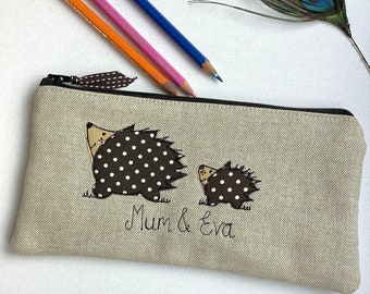 Personalised Hedgehog Pencil Case - Customisable Pen Art Case - Mummy and Baby Gift for Her - Gift for Artist
