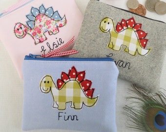 Personalised Children's Coin Purse with Dinosaur Design - Custom Wallet or Pouch with Choice of Grey Blue or Pink Fabric - Dinner Money Gift