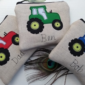 Handmade Personalised Tractor Coin Card Purse Wallet Pouch Grey wool or Oatmeal Linen Choice of name, Red Green or Blue Tractor, Boys Gift. fastened with a zip and ribbon pull