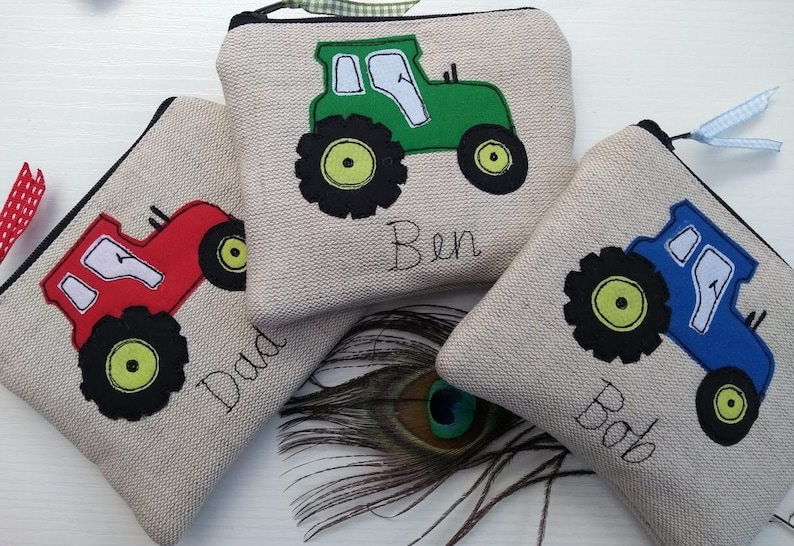 Handmade Personalised Tractor Coin Card Purse Wallet Pouch Grey wool or Oatmeal Linen Choice of name, Red Green or Blue Tractor, Boys Gift. fastened with a zip and ribbon pull