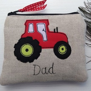 Handmade Personalised Tractor Coin Card Purse Wallet Pouch Grey wool or Oatmeal Linen Choice of name, Red Green or Blue Tractor, Boys Gift. fastened with a zip and ribbon pull