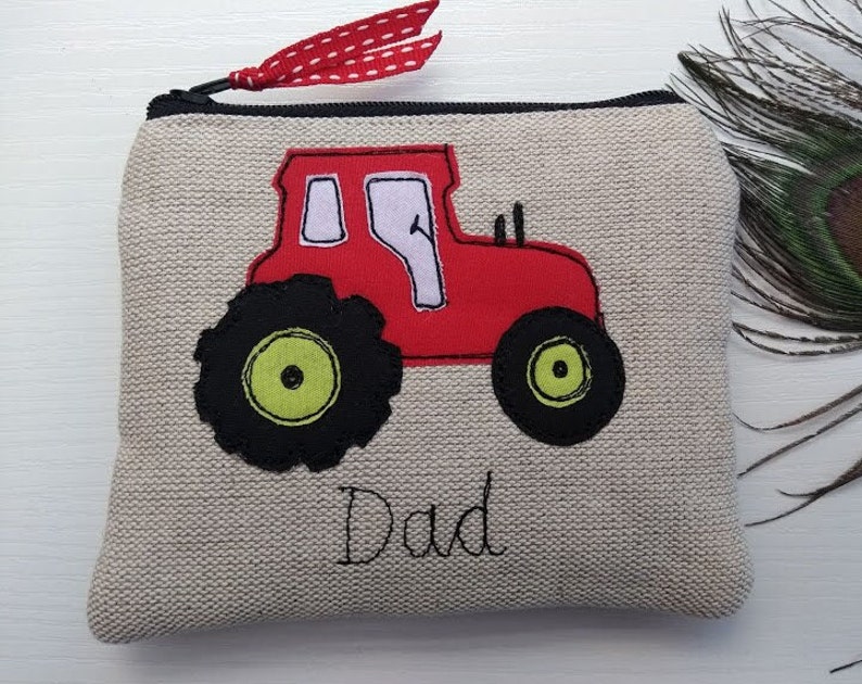 Handmade Personalised Tractor Coin Card Purse Wallet Pouch Grey wool or Oatmeal Linen Choice of name, Red Green or Blue Tractor, Boys Gift. fastened with a zip and ribbon pull