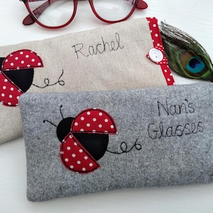 Personalised Ladybird Glasses Case - Ladybug Spectacles Sunnies Padded Pouch -  Linen with Choice of Words and Fabric - Ideal Gift for Mum