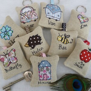 applique motif on linen keyring with option to have lavender scent and personalise