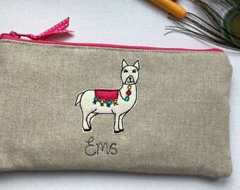 Personalised Alpaca Llama Pencil Case - Oatmeal Linen Pen Pouch - Choice of Name - Pink Floral Lining - Llama Lover Gift for Her Artist