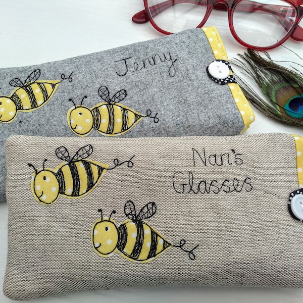Personalised Bee Glasses Case - Spectacles or Sunglasses Pouch on Linen or Grey Wool - Customisable Gift for Mum Granny Nan Auntie Gardener
