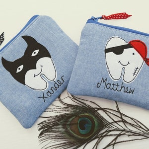 Personalisierte Zahnfee Tasche - Geldbörse für Jungen erste Zähne - Pirat oder Fledermaus Design - Name wählbar - anpassbare Zahnfee Geschenk