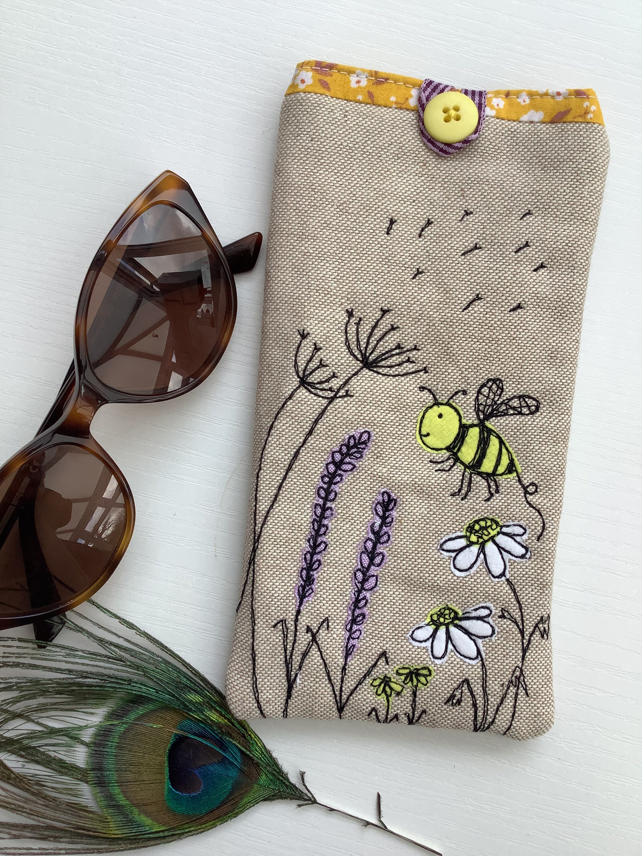 Cute Bee Floral Theme Glasses Case Polka Dot Pastel Colours. 