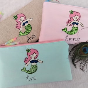 Mermaid Personalised Pencil Case - Girls Custom Design with Choice of Colour - Pretty Shells Lining - Rainbow Ribbon - Back to School Gift