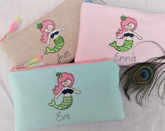 Mermaid Personalised Cosmetic Bag - Girls Custom Design Makeup Pouch with Colour Choice - Pretty Shells Lining Rainbow Ribbon Birthday Gift