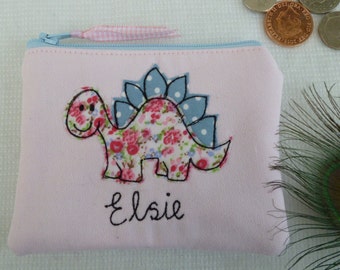 Personalised Pink Dinosaur Coin Pouch - Girls Purse Wallet Customisable Gift -  Floral Lining with Choice of Name - Pocket Money Gift