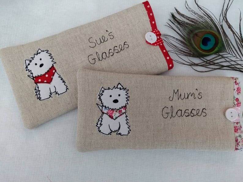 Handmade Personalised Scottie Dog Glasses Spectacles Case Linen or Grey Choice of name or wording personalization Terrier Dog Lover Gift