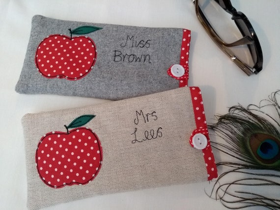 Red Apple on Linen Choice of Wording Personalised Teacher Purse or Pencil Case