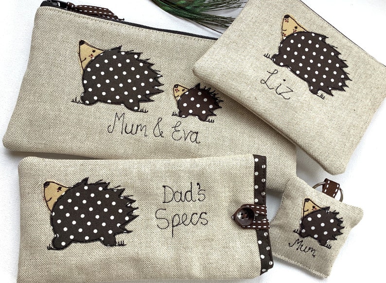 Hedgehog applique motif on linen keyring with option to have lavender scent and personalise