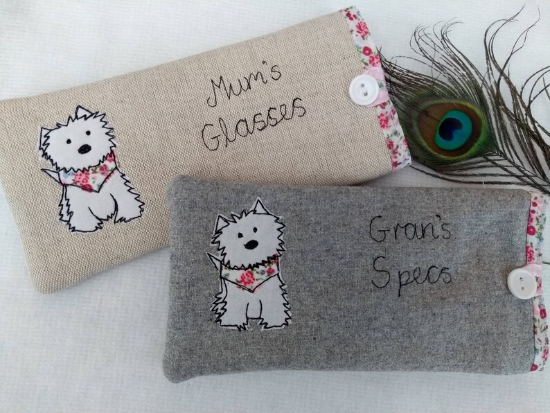 Handmade Personalised Scottie Dog Glasses Spectacles Case Linen or Grey Choice of name or wording personalization Terrier Dog Lover Gift