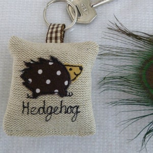 Hedgehog applique motif on linen keyring with option to have lavender scent and personalise