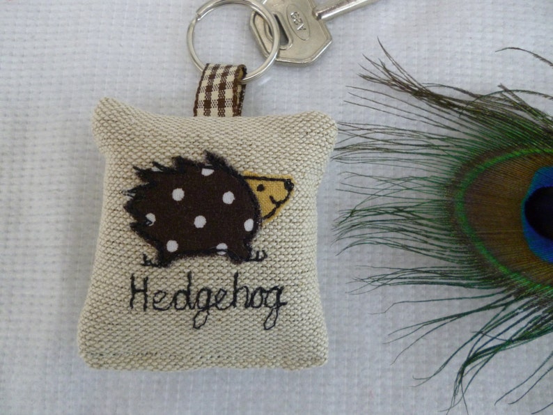 Hedgehog applique motif on linen keyring with option to have lavender scent and personalise