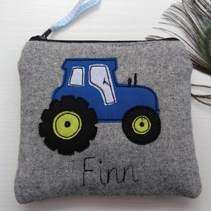 Handmade Personalised Tractor Coin Card Purse Wallet Pouch Grey wool or Oatmeal Linen Choice of name, Red Green or Blue Tractor, Boys Gift. fastened with a zip and ribbon pull