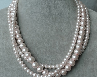 Pale Pink Glass Pearl Triple Strand Wedding Necklace