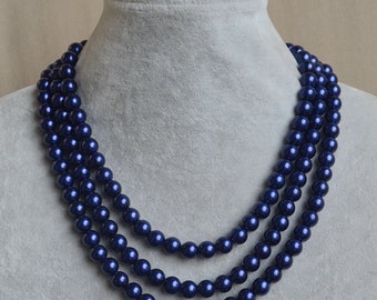 navy blue pearl Necklace,Triple Pearl Necklace,Wedding Necklace,bridesmaid necklace,Jewelry,Glass Pearl Necklace