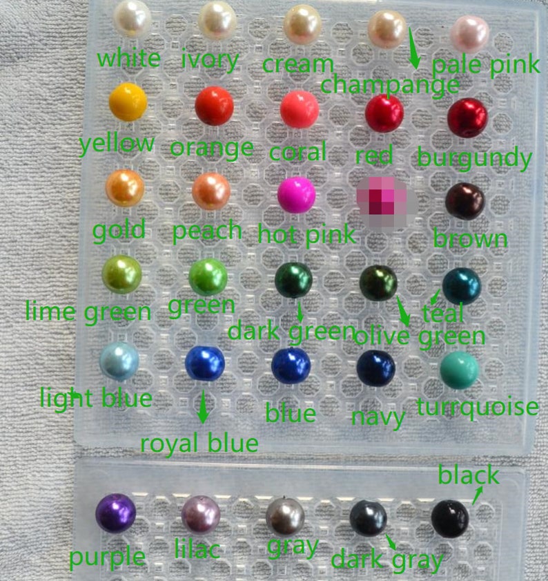 May include: A chart of 24 pearl beads in various colours, including white, ivory, cream, pale pink, yellow, orange, coral, red, burgundy, gold, peach, hot pink, lime green, green, dark green, olive green, teal, light blue, royal blue, blue, navy, turquoise, black, purple, lilac, grey, and dark grey.